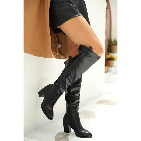 Womens Cool Black Faux Suede Knee High Side Zipper Chunky Heel Winter Boots - Picture 3 of 5